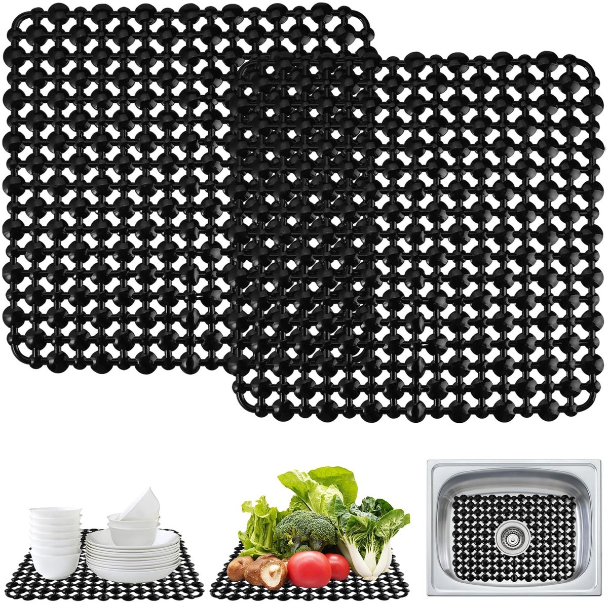 Dailygoods- Spoelbakmat Antislip - Gootsteenmat - Afdruipmat - Bescherming Servies - Zwart - 28 x 28 cm, Aanpasbaar Formaat - Afwasmat