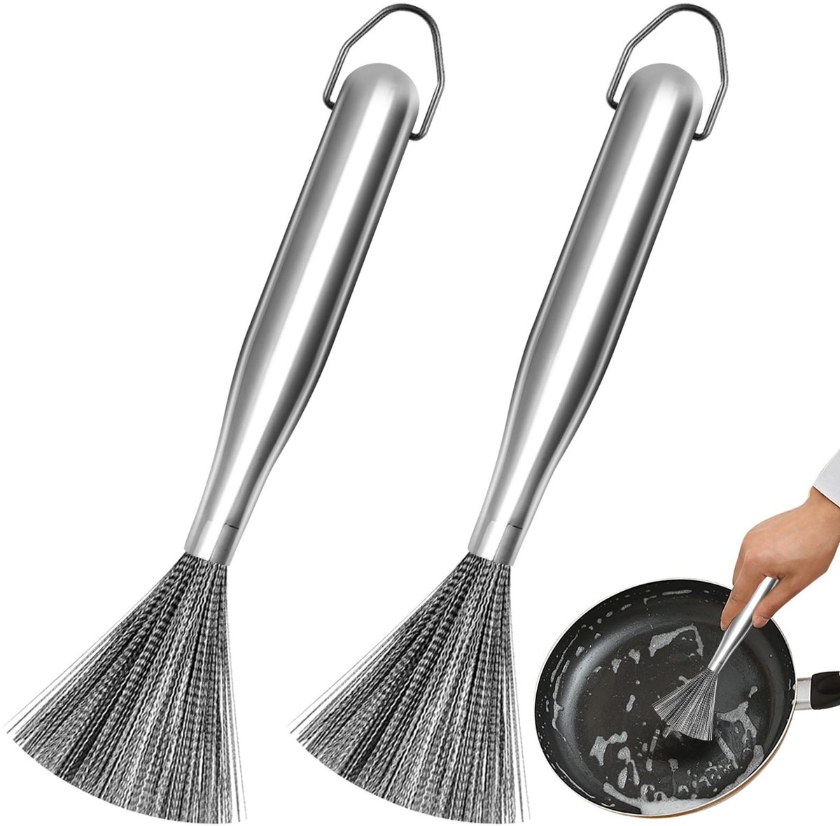 Dailygoods- Potborstels 2 stuks - Roestvrij Staal 304 - Schrobborstels - Keukenreiniging - Compact - Duurzaam en gemakkelijk op te bergen - Schoonmaakborstel