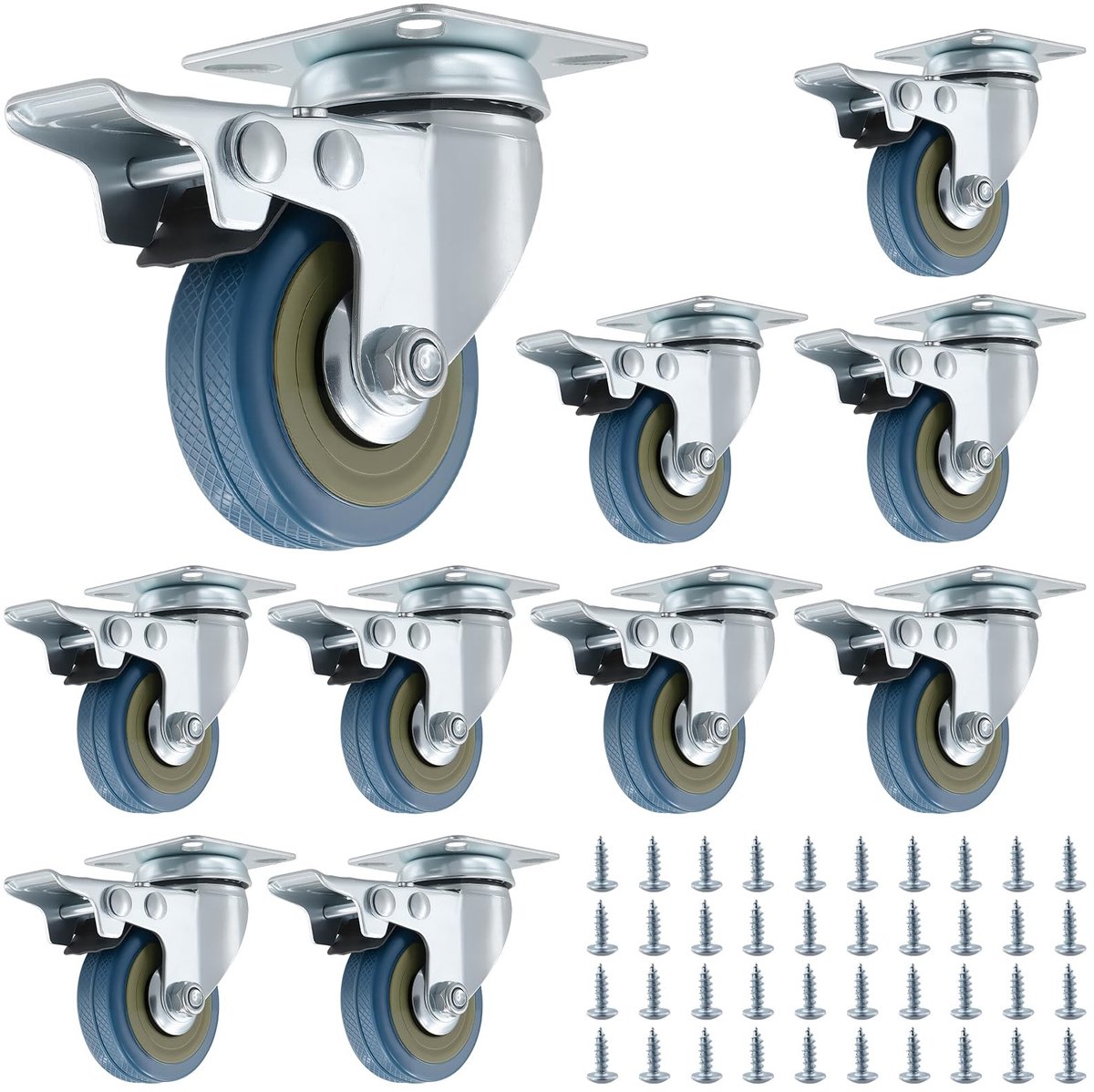 Dailygoods- Meubelwielen set van 10 - Zware wielen met rem - 50 mm diameter - Stille zwenkwielen - Robuust pvc en staal - Geschikt voor meubels en transportwagens