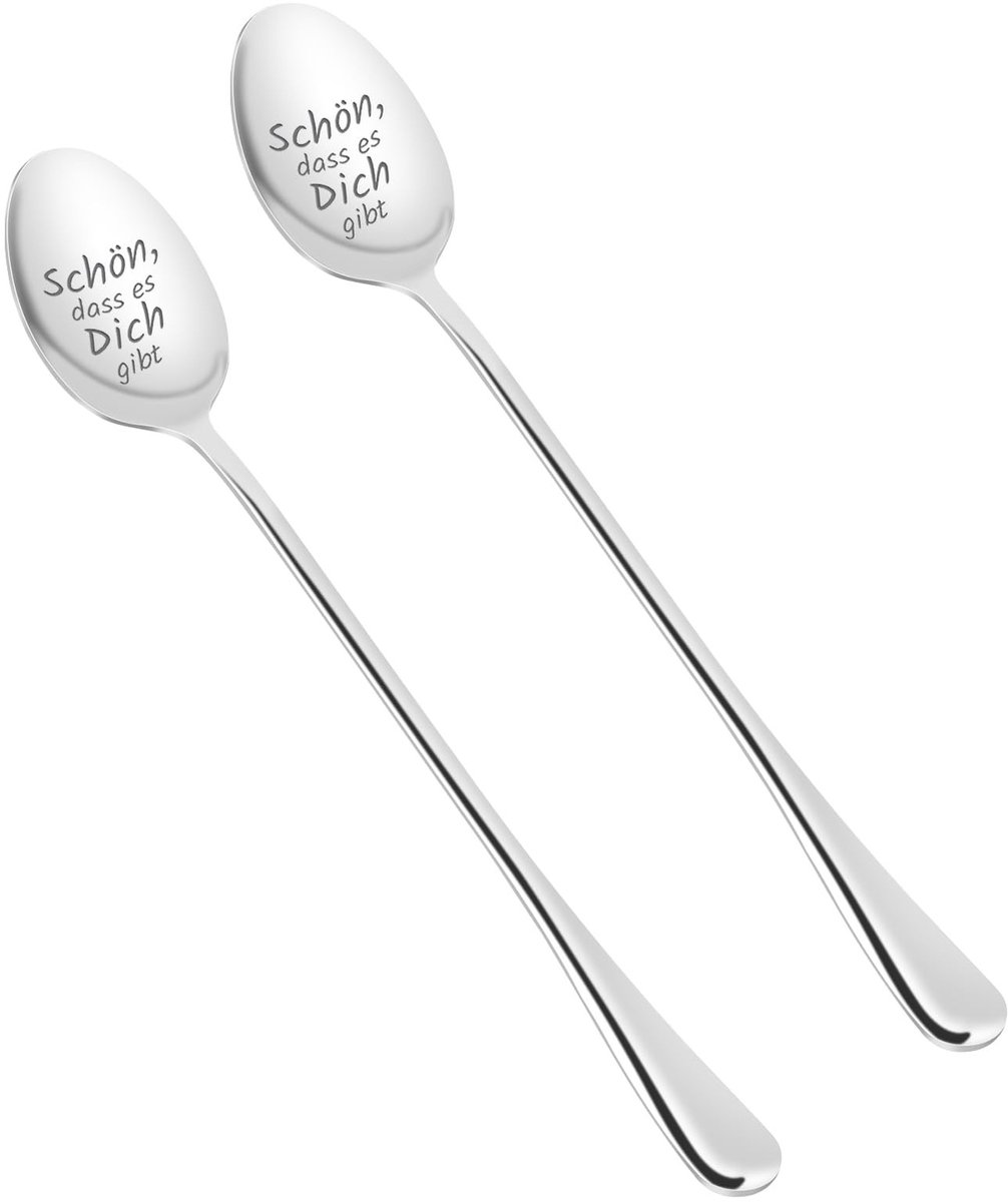 Dailygoods- Koffielepels 2 stuks - Roestvrij Stalen Dessertlepels - Gegraveerde Lepelset - Lange Steel - Geschikt voor Koffie/Thee - Praktisch Keukengerei