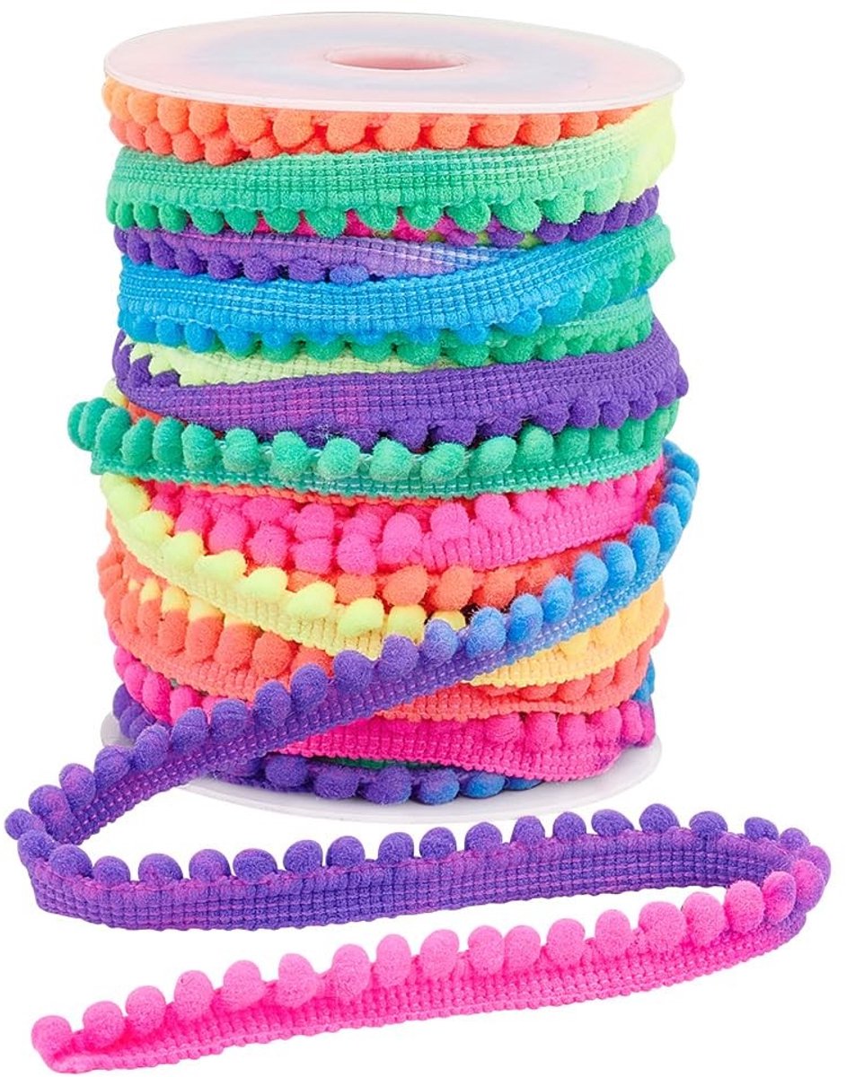 Dailygoods- Pomponlint 22,8 m - Regenboogkleur - 11 mm Breed - Kwastje Trim - Naaien Kant - 4 mm Pompons - DIY Ambachten - Franje