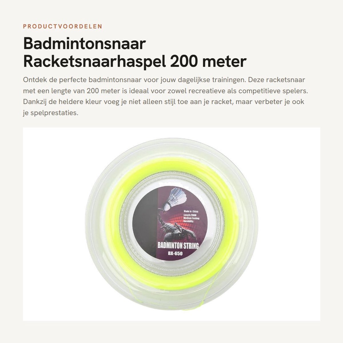 Dailygoods- Badmintonsnaar 200 m - Synthetische Vezels - 0,72 mm Diameter - Lichtgewicht - Heldere Kleur - Vermindert Energieverspilling - Racketsnaar