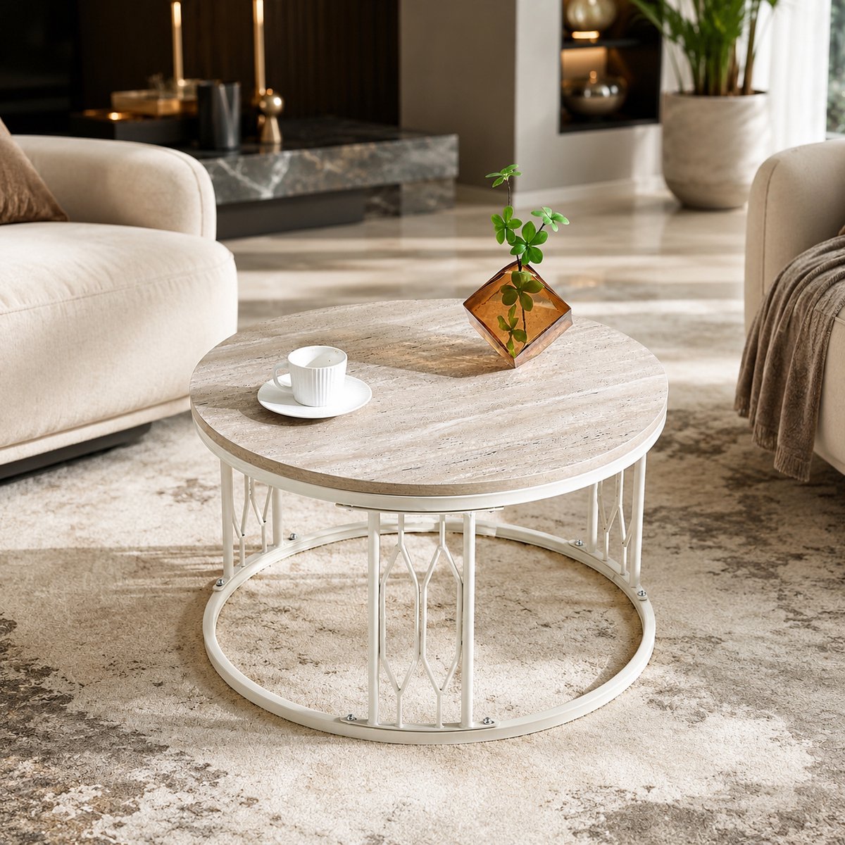 Welltin Salontafel - Bijzettafels -Tafel - Rond - 70x70x40 cm - Metalen frame - Moderne Bijzettafels - Moderne salontafel - Wit