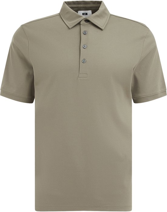 Olijfgroene heren polo met korte mouwen en knopen.