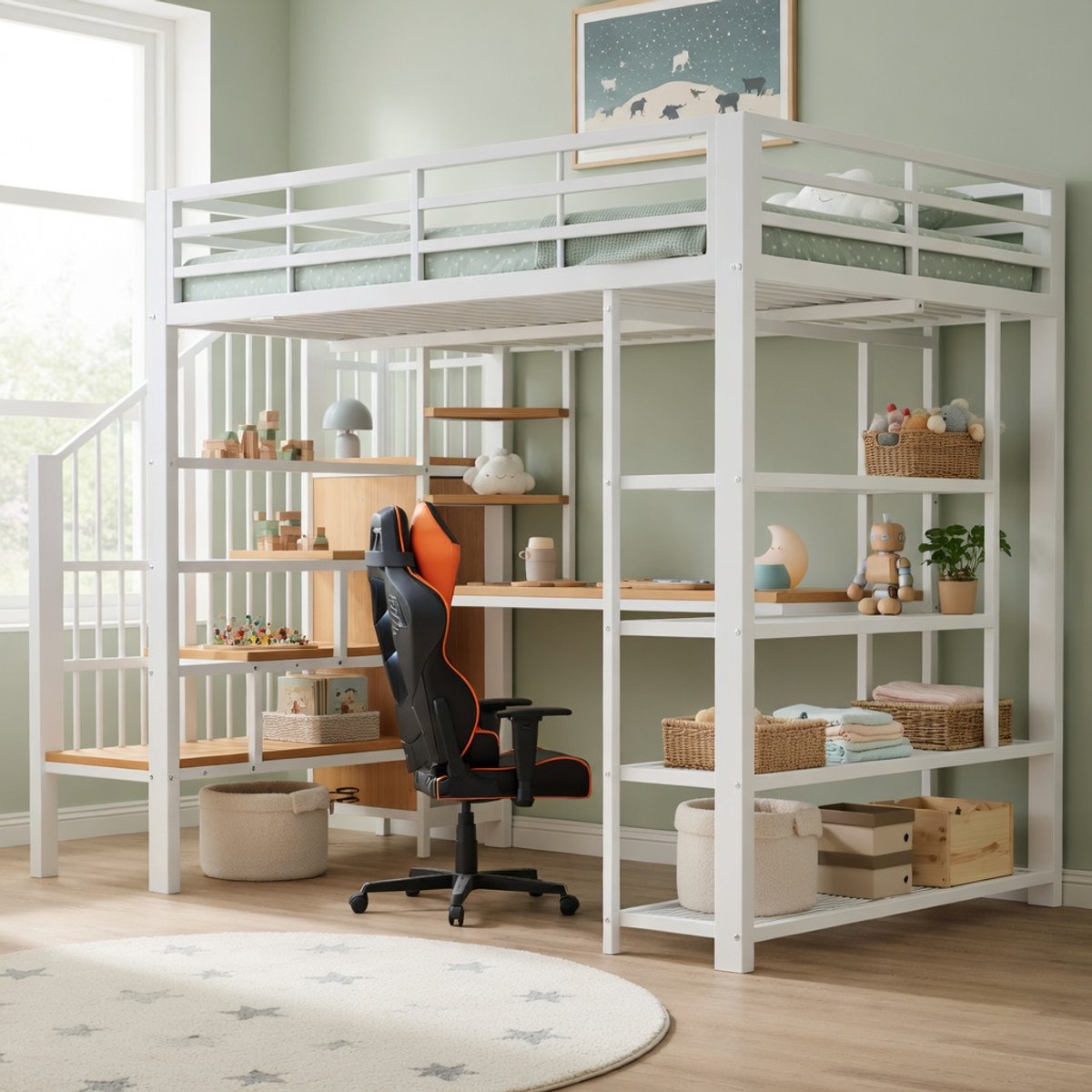 Gutent Hoogslaper met bureau en kast-140x200 cm-Metalen hoogslaper met LED-verlichting en euro-steckdosen-Wit