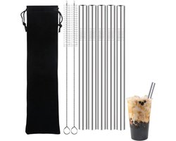 5 stuks - boba rietje - rvs drinkrietje - metalen rietje - zilver - herbruikbaar rietje - tapioca riet - Roestvrijstalen Bubble Tea Riet Set - Duurzame Metalen Drinkrietjes voor Smoothie en Milkshake - Inclusief schoonmaakborstel en opbergtas