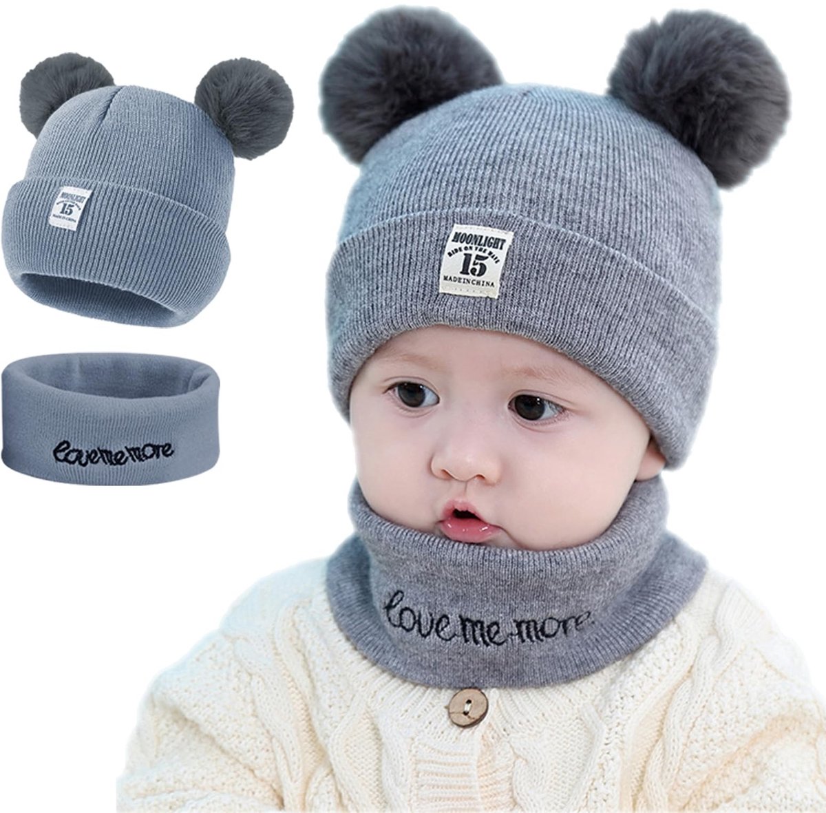 Dailygoods- Babymuts met dubbele pompons - Sjaal set - Warme bivakmuts - Rekbaar voor 0-24 maanden - Zacht katoen - Geschikt voor jongens/meisjes - Babyset