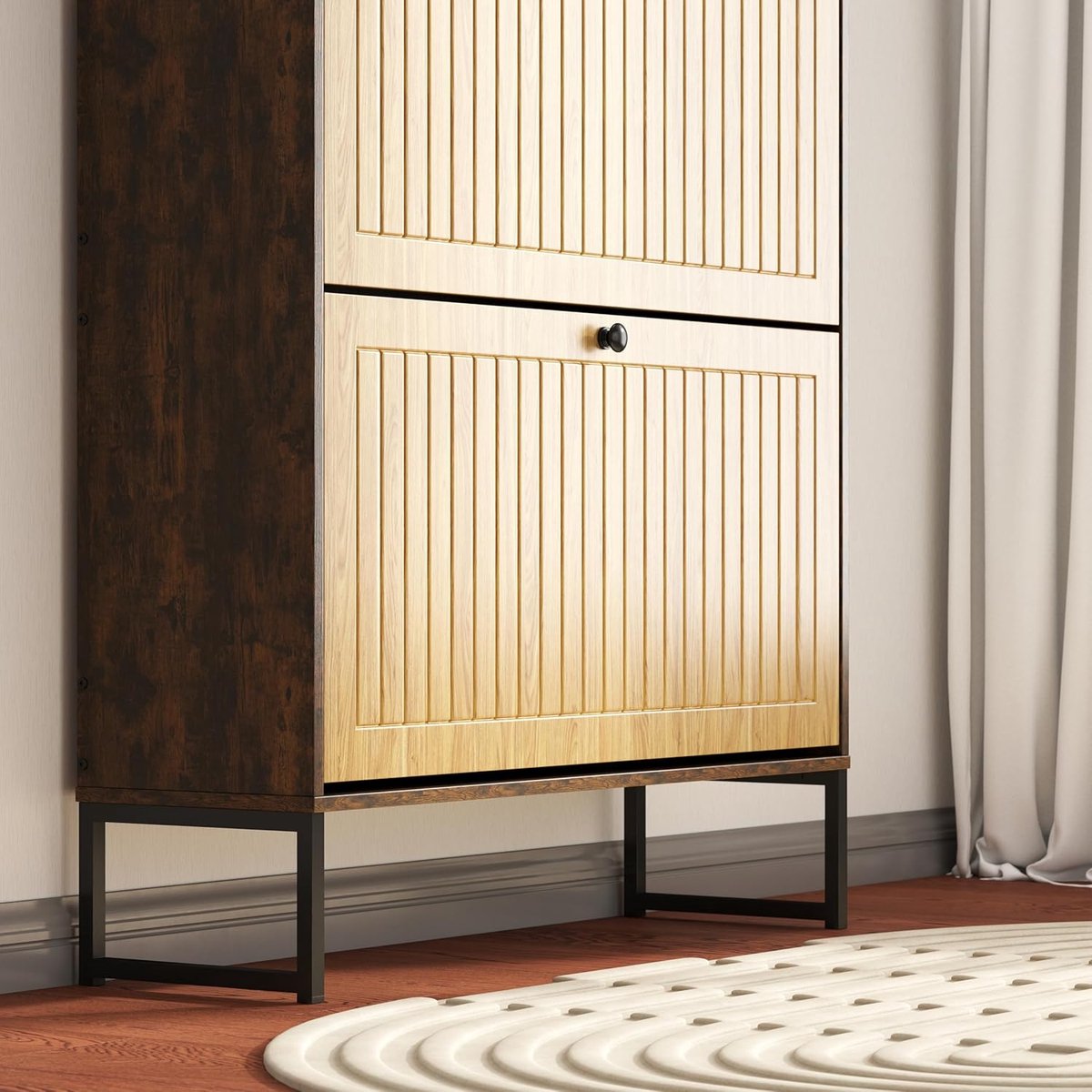 Schoenenkast met LED Verlichting – House&Garden Schoenenkast Hout met 2 Klepvakken en Open Opbergvak – Smalle Schoenenkast Landelijke Stijl voor Hal en Gang – Schoenenrek voor 16-20 Paar Schoenen – Bruin Eiken 78 x 24 x 111,5 cm