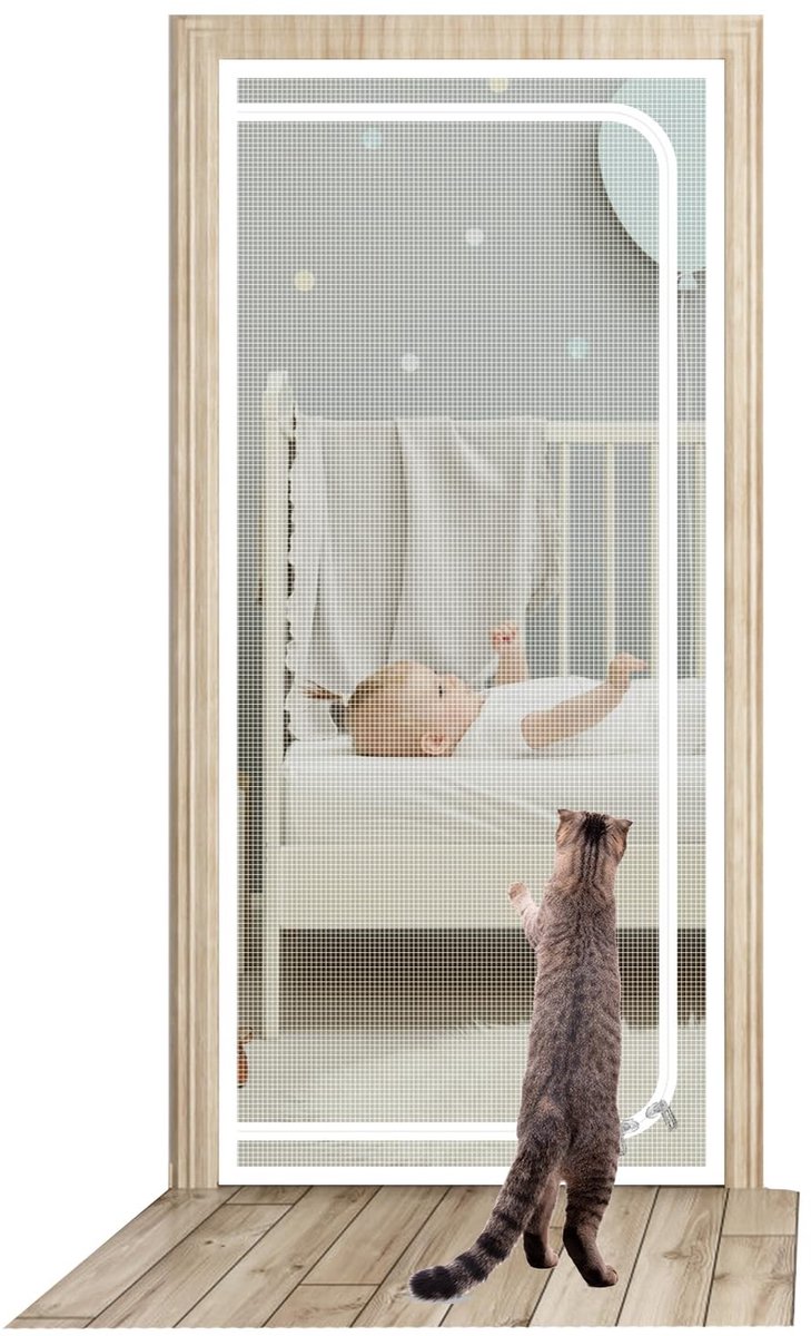 Dailygoods- Hordeur Kattenbestendig 80 x 200 cm - Hordeur met Rits - Nanomesh - Klittenband - Wit - Anti-kattendeurscherm - Deurscherm