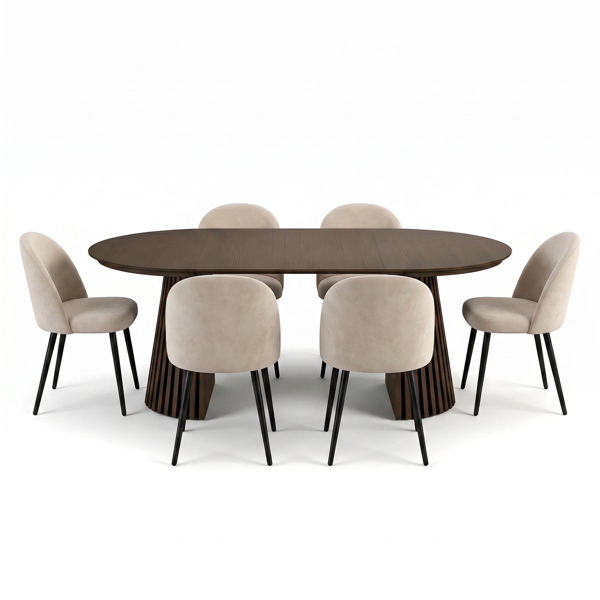 Tokyo eethoek eettafel smoked, 6 stoelen met beige velours bekleding.