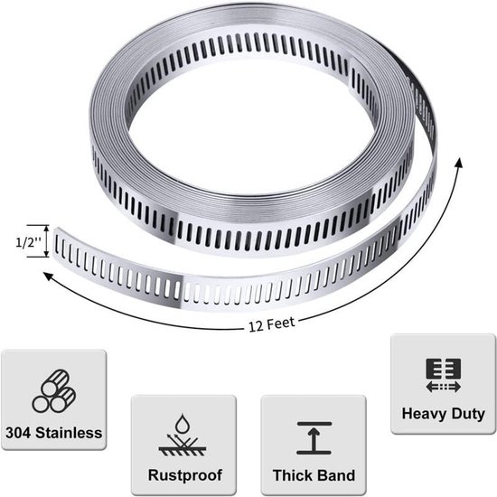 Slangklemmen - RVS - 3,5 m Gattape Metaal + 12 Stuks Bevestiging - DIY Slangklemmenset - Verstelbare Slangklem - voor Waterleiding, Tank, Gasleiding, Koeler, Autoslang van Dnntunk — afbeelding 4