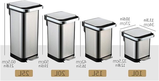 Vier roestvrijstalen pedaalemmers van 10L, 15L, 20L en 25L met afmetingen en capaciteit labels.
