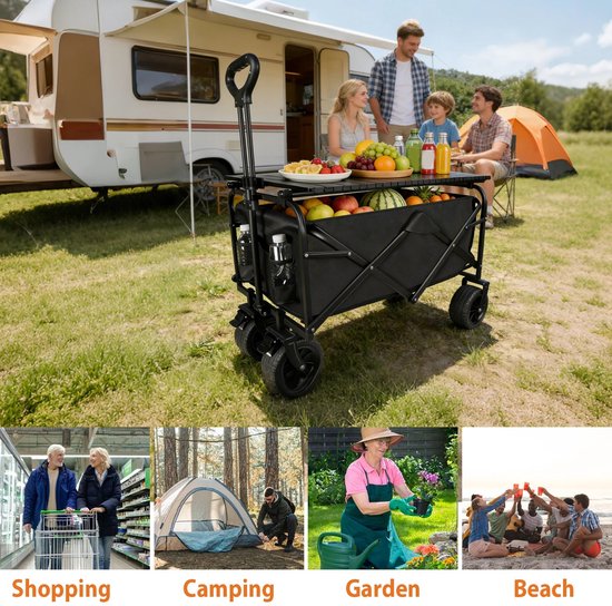 Velmio Opvouwbare Bolderkar met Tafel - Bolderkar - 150 Liter - Strand/Picknicken/Wandelen/Kamperen - Schokbestendige Wielen - Zwart - 95 × 57 × 100 cm — afbeelding 5