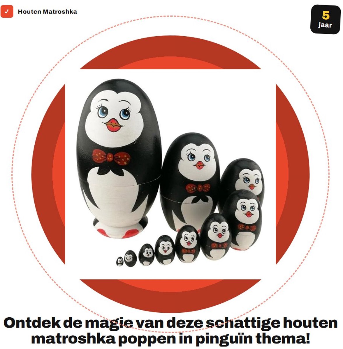 Dailygoods- Matroshka Poppen Set van 10 - Houten Dierenthema - Eivorm Pinguïn - Handgemaakt Speelgoed - Verrassingsspeeltje - Klassiek Russisch Geschenk - Nestpoppen
