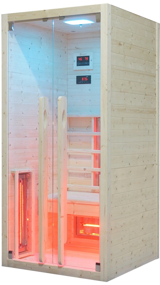 LIVIN Infraroodcabine 1 Persoons - Saunacabines - Sauna Cabine - Full Spectrum Verwarming - Kleurenverlichting - Audiofunctie - 90 x 90 x 190 cm - Espenhout thumbnail 7