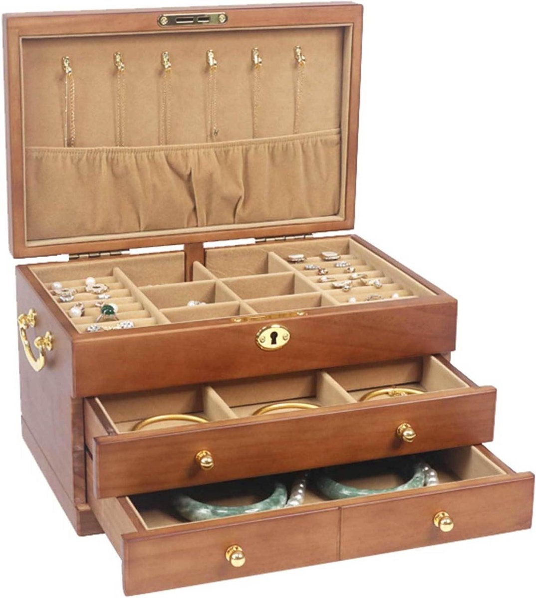 Houten Sieradenkist - Juwelendoos Organizer - Sieraden Opbergen - Met Slot en Sleutel - 7.48"d x 11.42"w x 6.89"h - Walnootkleur