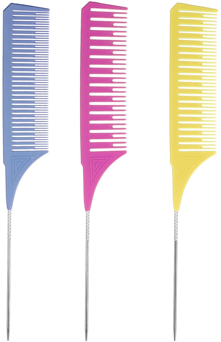 Dailygoods- Highlights Kam Set - 3 Maten - Professionele Haar Kam - Kunststof/Roestvrij Staal - Veelkleurig - Tandafstand 1/1,5/2 mm - Haarkam