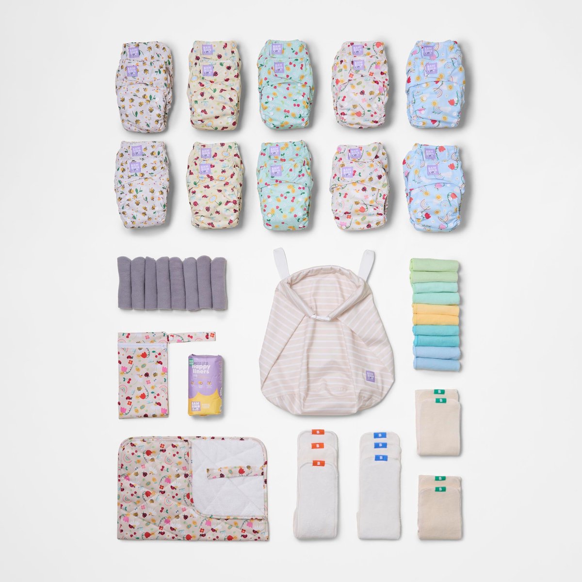 Complete set herbruikbare luiers – 20 herbruikbare luiers en accessoires voor dagelijks gebruik in motief ‘Garden Party’