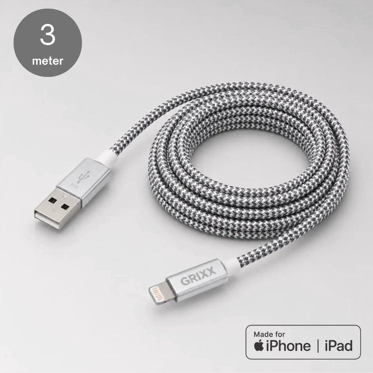 Grixx Lightning naar USB-A Kabel - 3 meter - MFI-gecertificeerd - gevlochten - grijs/wit - Apple