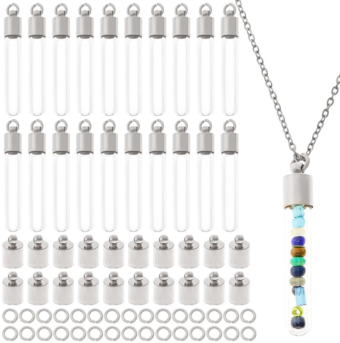 Dailygoods- Glazen Flacon - 20 Stuks - Roestvrij Stalen Ketting - Schroefdop - Geheugen Wens Fles - Parfumhouder - 1 ml Capaciteit - Herinneringshanger