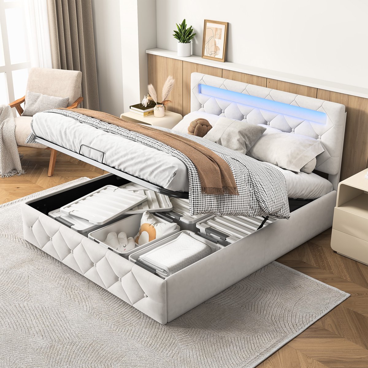 MEXUS Opbergbed 140x190 cm met ledverlichting - Tweepersoonsbed met verstelbaar - gewatteerd hoofdeinde - Bed met opbergruimte en lattenbodem - fluweel Beige