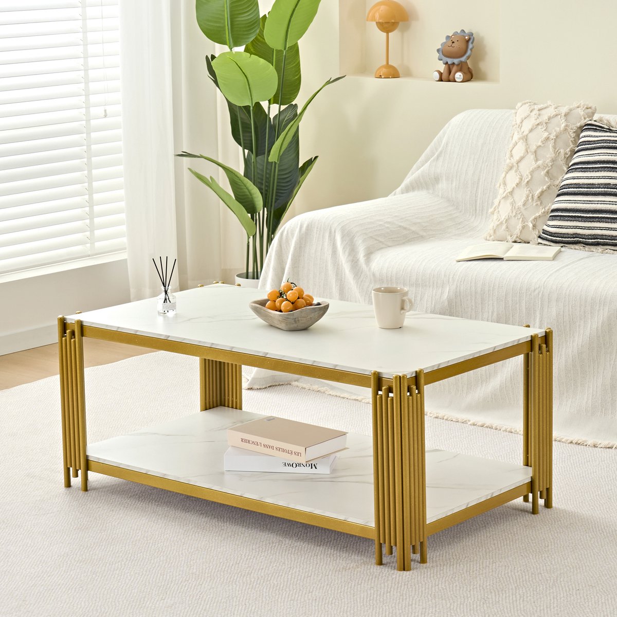 DESMIU Salontafel - Marmerlook Blad Met Metalen Poten En Twee Opbergplanken - Voor Woonkamer En Interieur - MDF En Metaal - Wit Goud - 114x64x46 Cm
