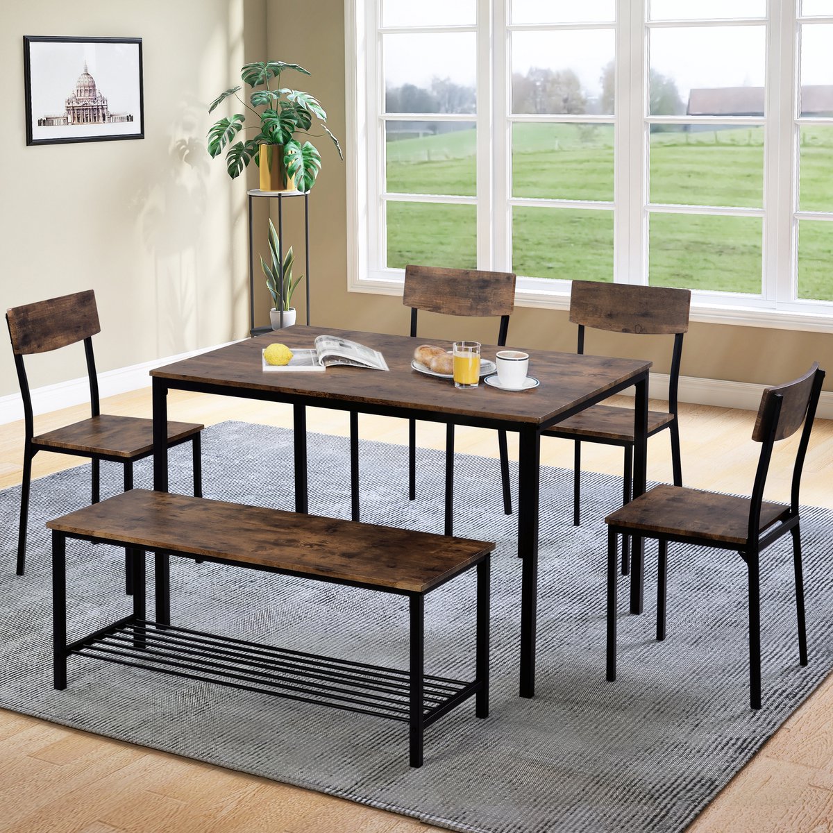 DESMIU Eettafel Set Met 4 Stoelen En Bank - Industrieel Design Met Opbergruimte - Voor Keuken En Eetkamer - Bruin MDF En Staal - Compact