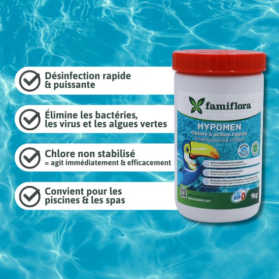 Wit met rode dop 1kg verpakking van Famiflora Hypomen snelwerkend chloor, naast lijst met voordelen.