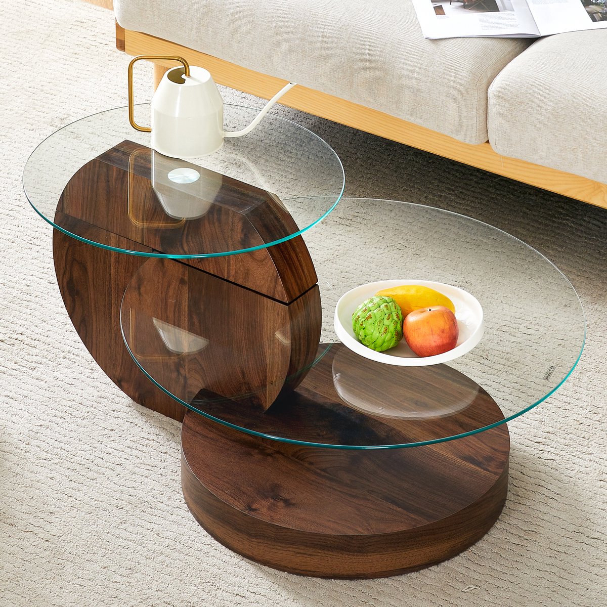 DESMIU Salontafel - Moderne Meerlagen Salontafel Met Gehard Glas En Walnootlook - Voor Woonkamer En Interieur - MDF En Glas - Transparant Walnoot - 50 En 70 Cm