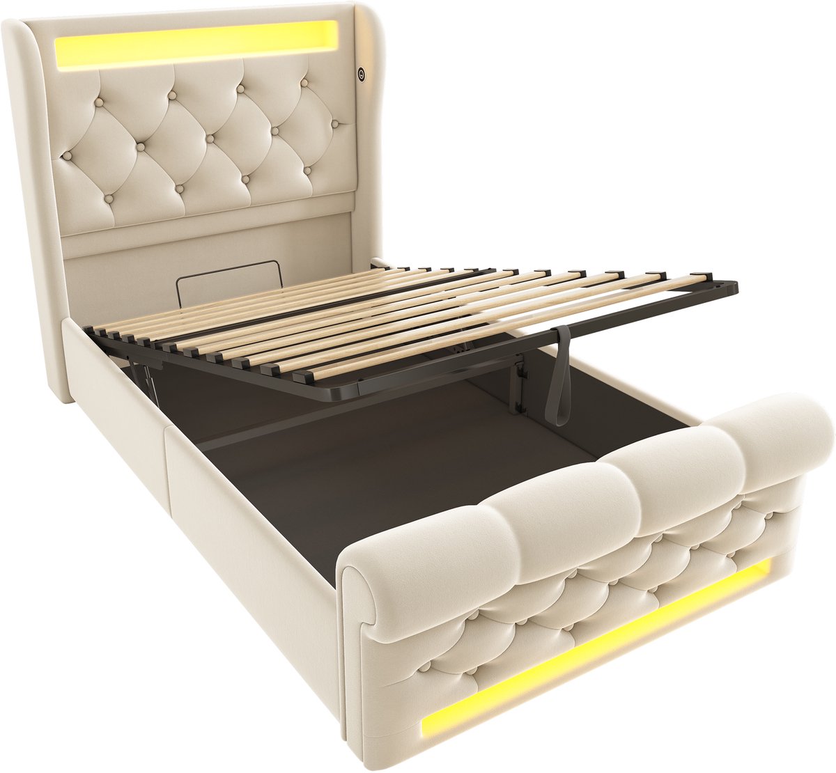 COVREO Bedframe met LED en opbergruimte – 90x200 cm – Eenpersoonsbed met USB en Type-C – voor slaapkamer – Beige - zonder matras