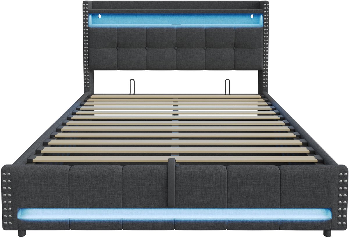 Gestoffeerd bed van 180 x 200 cm met ledverlichting en USB-aansluiting, hoofdeinde met plank en opbergruimte, hydraulisch hefmechanisme, tweepersoonsbed voor volwassenen, grijze linnen stof.