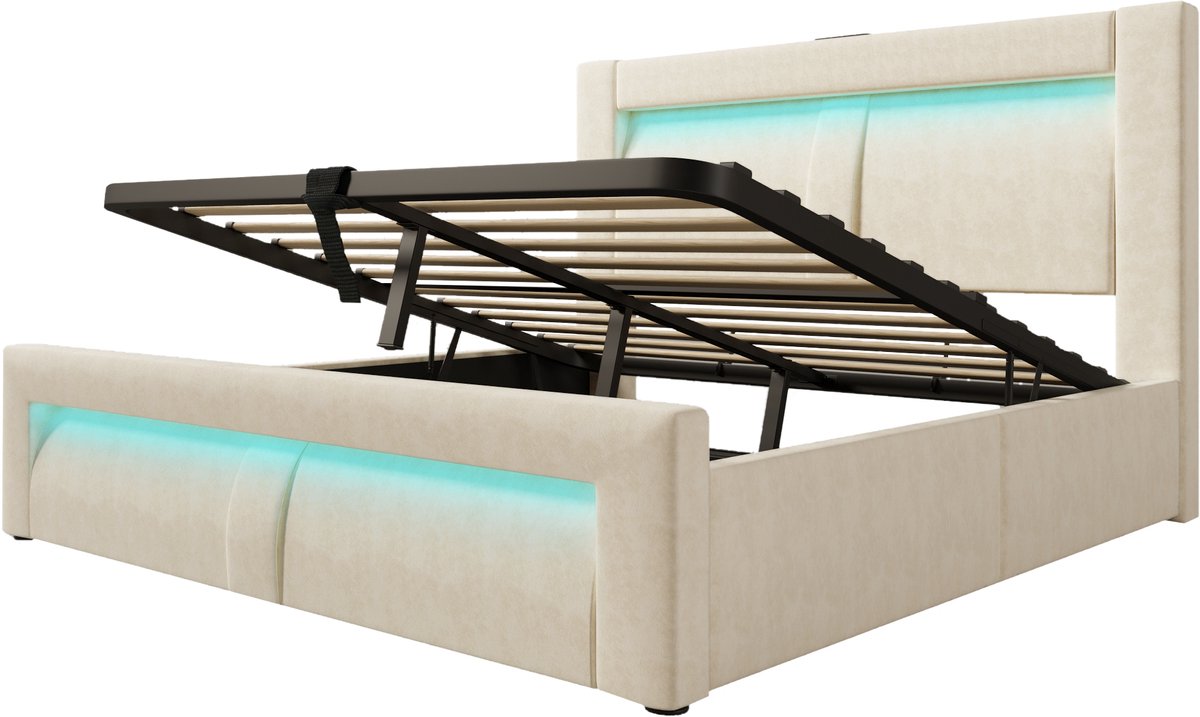 COVREO tweepersoonsbed 160x200 cm - met opbergruimte, LED-verlichting, USB en Type-C, beige