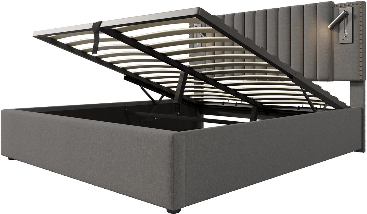 COVREO Bed met berging – 160x200 cm – Slaapframe met verstelbaar hoofdeinde – Gestoffeerd model met USB-C – Grijs - zonder matras