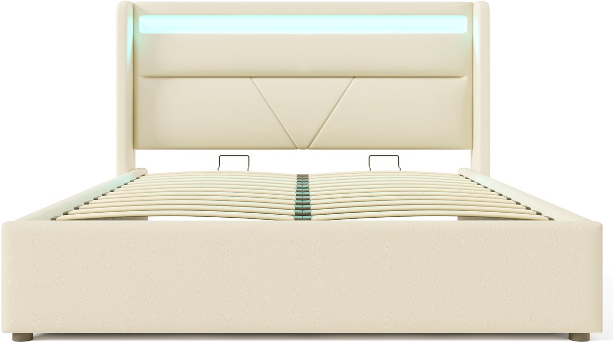 Hydraulisch opbergbed met led-lichtstrip, tweepersoonsbedframe, gestoffeerd bed, 160x200 cm, functioneel bed, wit (met afstandsbediening).
