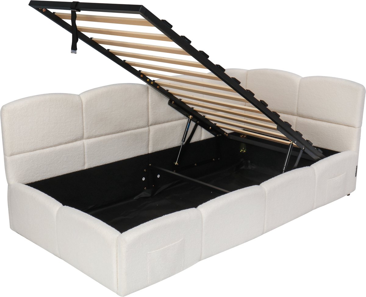 COVREO Slaapbank 90x200 cm beige bouclé, opbergruimte, zonder matras