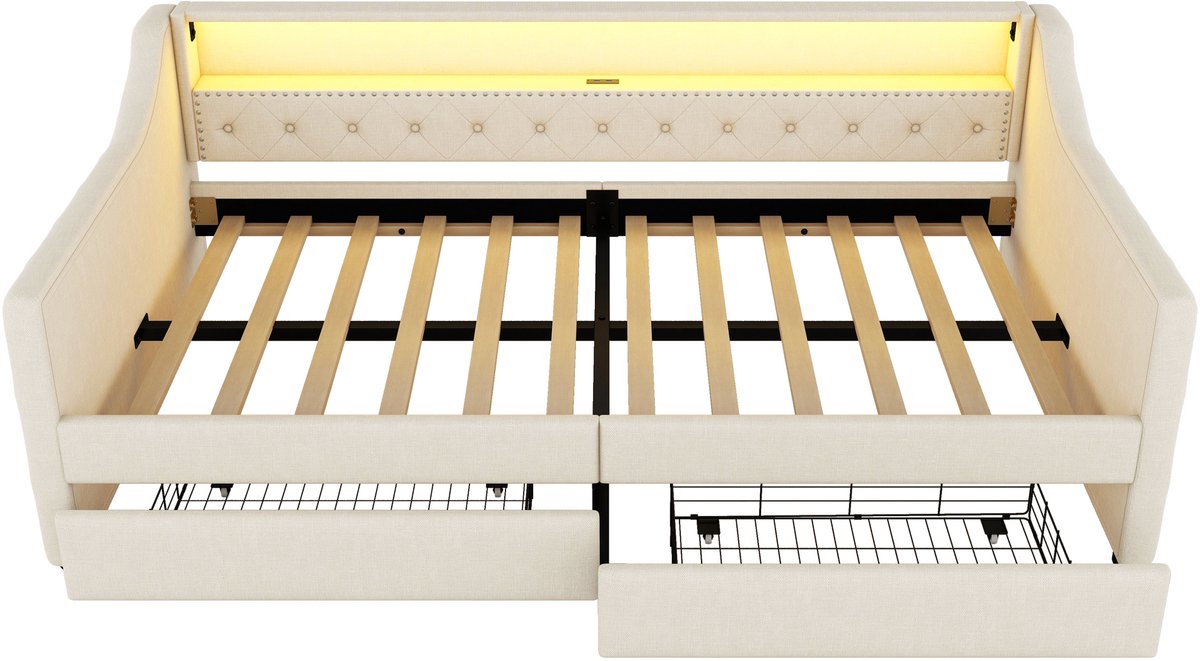 COVREO Slaapbank 90x200 cm beige, met lattenbodem, 2 lades, zonder matras
