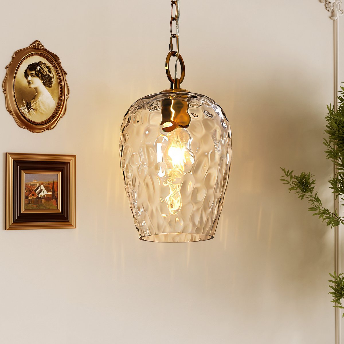 Tribesigns Modern Hanglamp voor Eetkamer, Slaapkamer, Woonkamer - Glass Serie - Lampenkap van Gehamerd Glas - E27 - Ø 22 cm - Goud