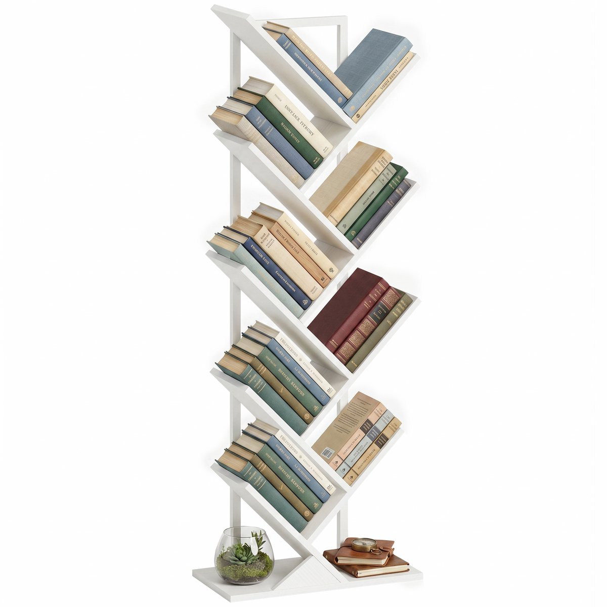 Homcom Boekenrek in boomvorm met 9 niveaus-Vrijstaande industriële boekenkast met stalen frame, opbergmeubel voor cd's en dvd's-Wit