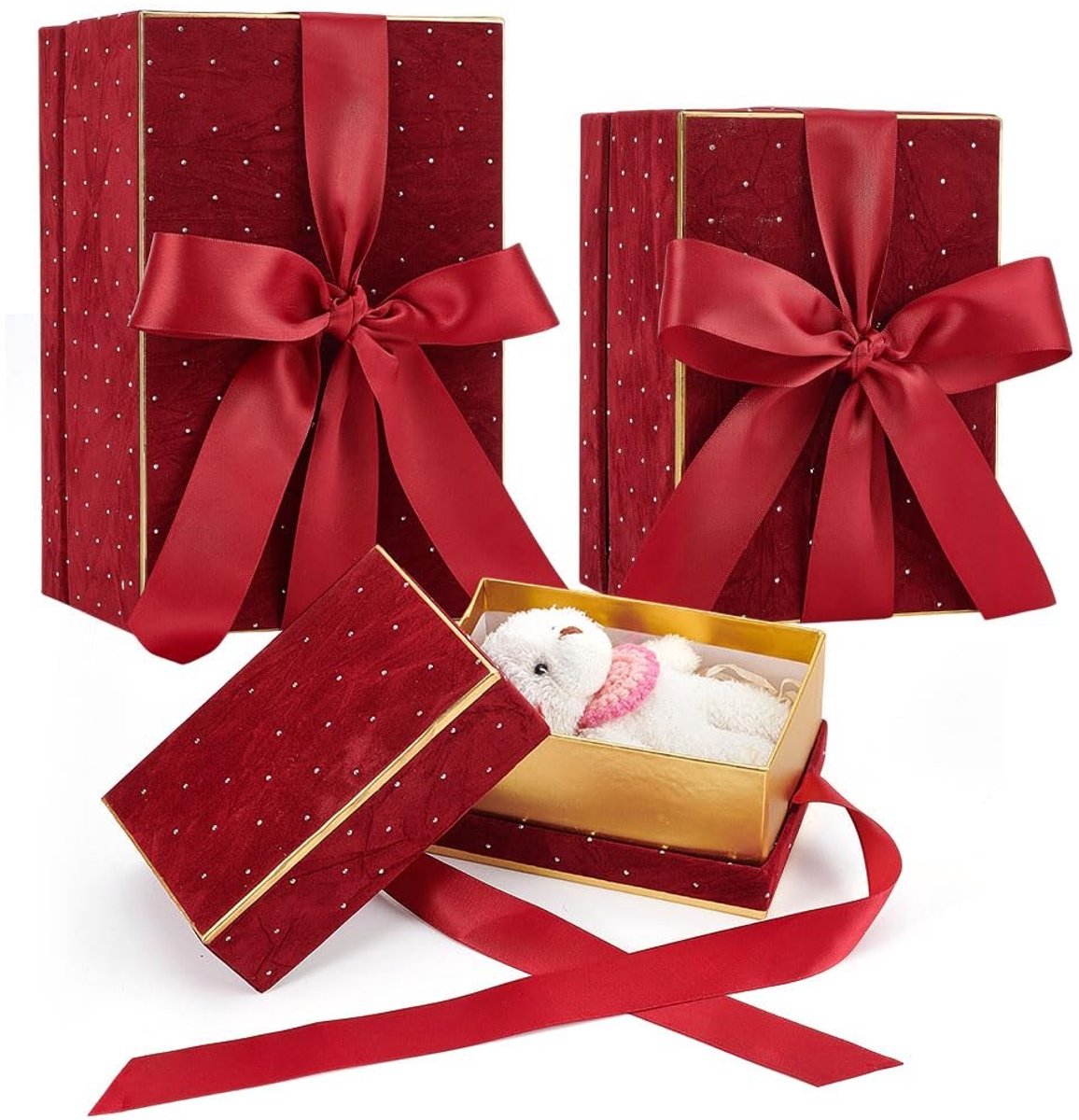 Dailygoods- Geschenkdozen 3 Maten - Donkerrode Geschenkdozen - Fluwelen Deksel - Lint - Verpakking voor Verjaardag/Jubilea - Afmetingen 25x16,2x14cm - Cadeauverpakking