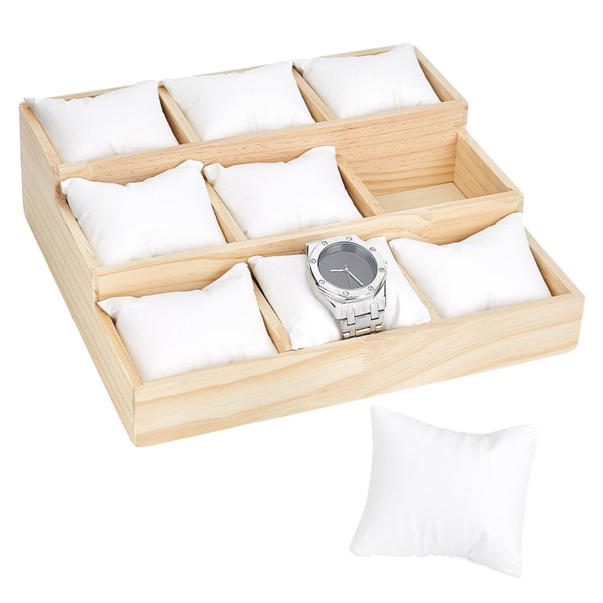 Dailygoods- Horlogeplank Houten - Sieradenhouder - Sieradenstandaard voor Kettingen - 3 Niveaus - 9 Rasters - Afmetingen 24x26,6x7,95 cm
