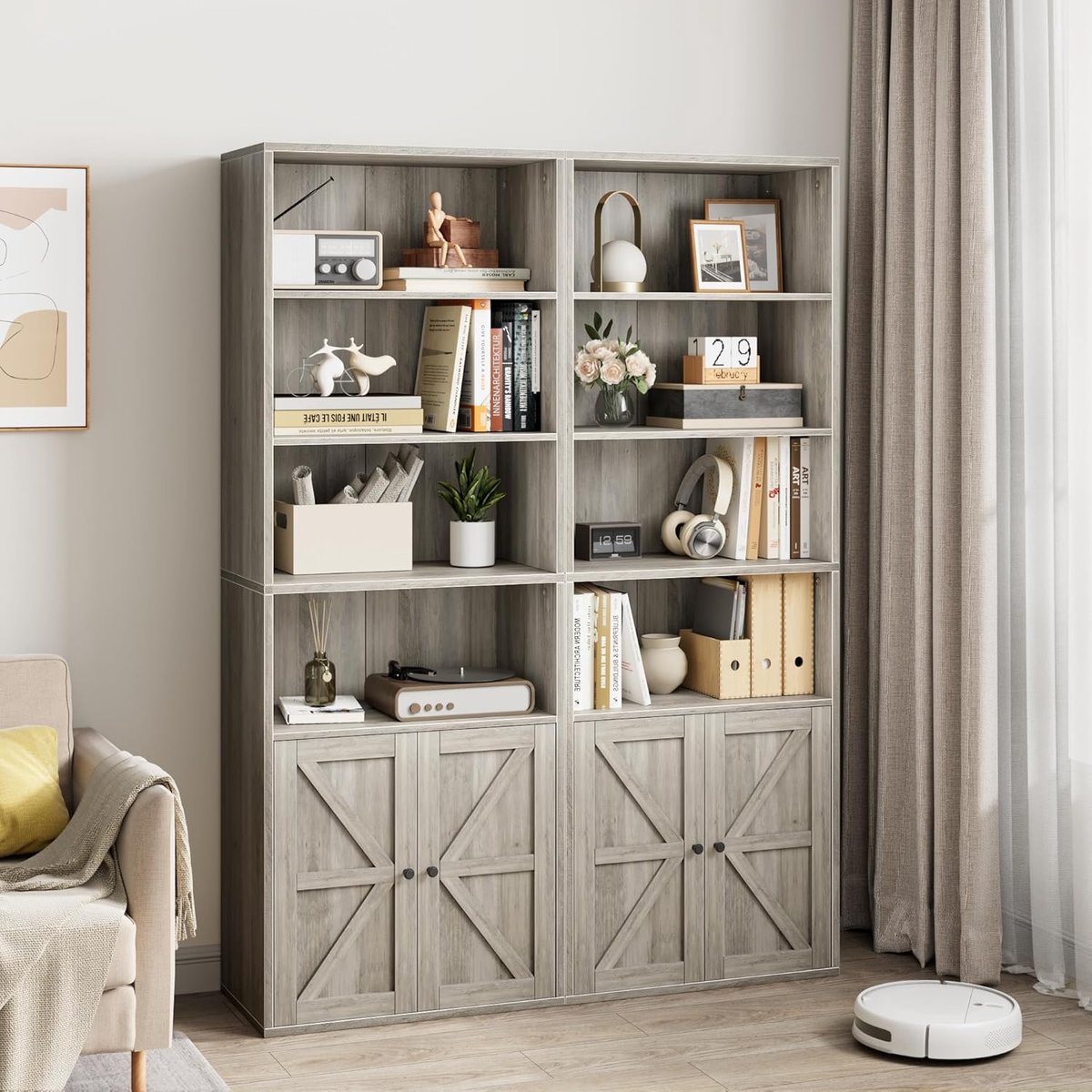 2 sets Moderne Boekenkast met 4 Niveaus - Opbergkast met X-Deur - Hout - Grijs - Voor Woonkamer, Slaapkamer & Kantoor