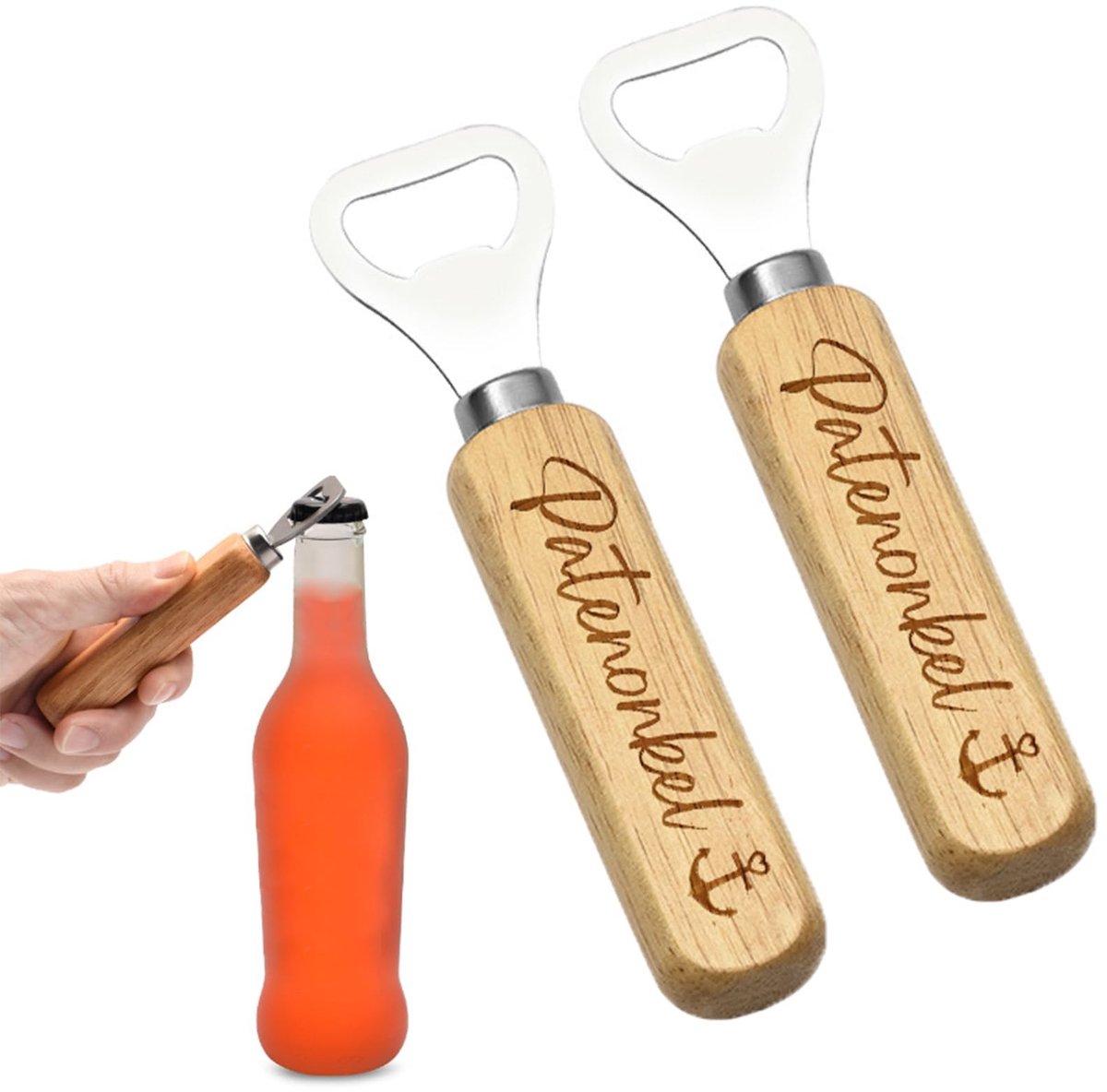Dailygoods- Flessenopener Houten Capsule Lifter - Cadeau voor Patenonkel - Dubbelzijdige Lasergravering - Roestvrij Staal - 13,5x4 cm - Inclusief Vraagkaart