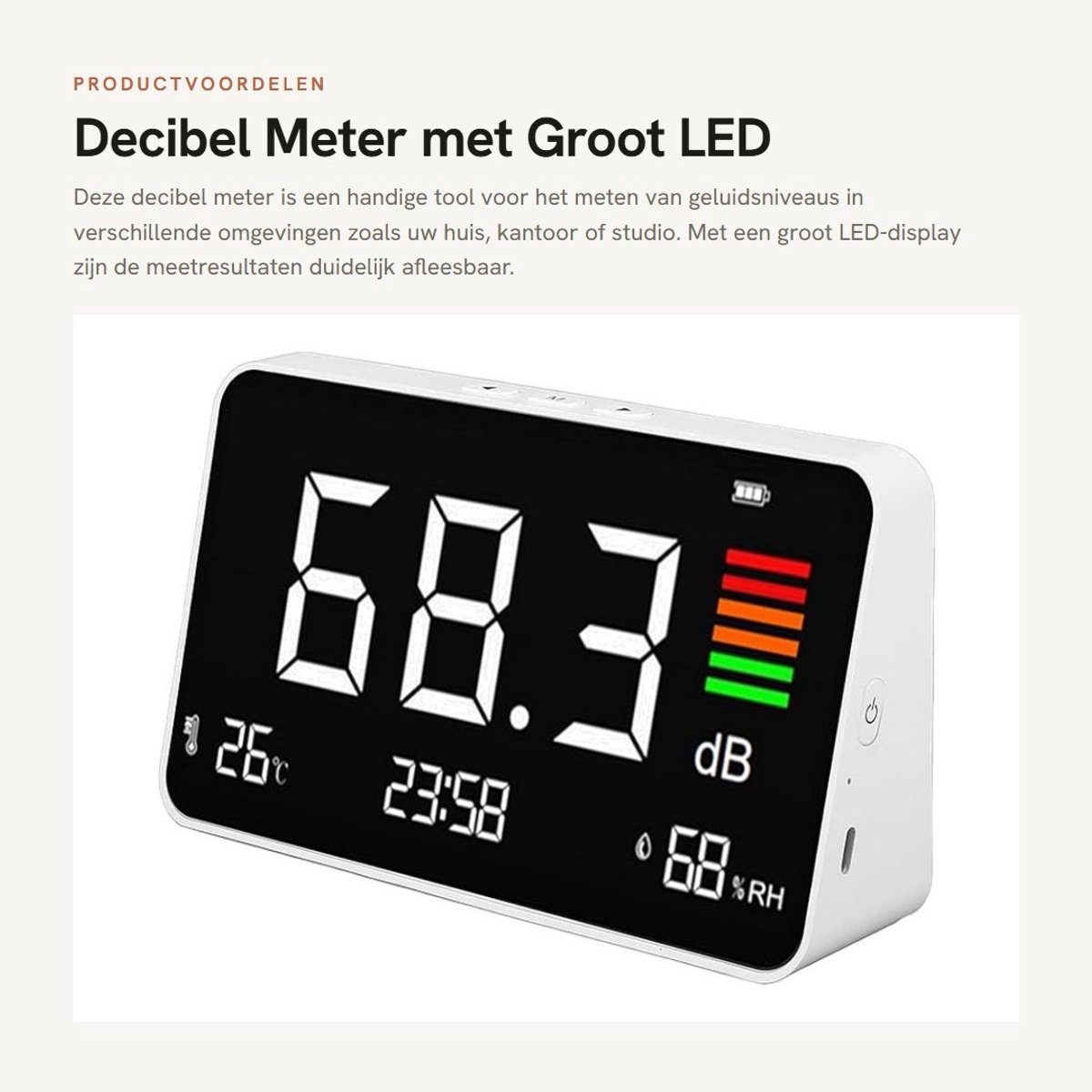 Dailygoods- Decibelmeter 30-130DBA - Draagbare Geluidsmeter - LCD Display - Temperatuur- en Vochtigheidsmeter - Nauwkeurigheid ± 1,5 dBA - Compact en Praktisch