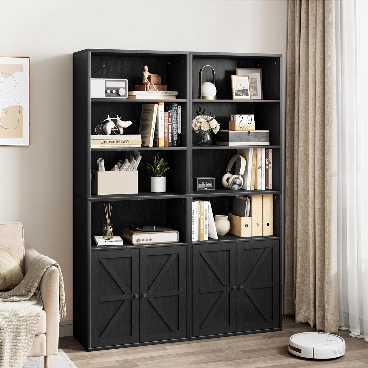 2 sets Moderne Boekenkast met 4 Niveaus - Opbergkast met X-Deur - Hout - Zwart- Voor Woonkamer, Slaapkamer & Kantoor
