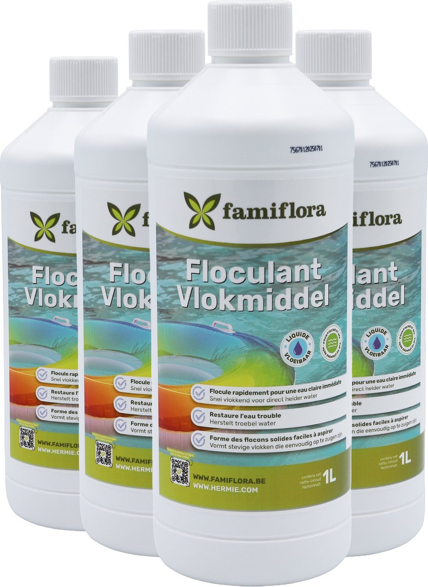 Famiflora Flocculant (vlokmiddel) vloeibaar 4x 1L - Vlokt vuil samen zodat je het makkelijk kan verwijderen en water direct helder is