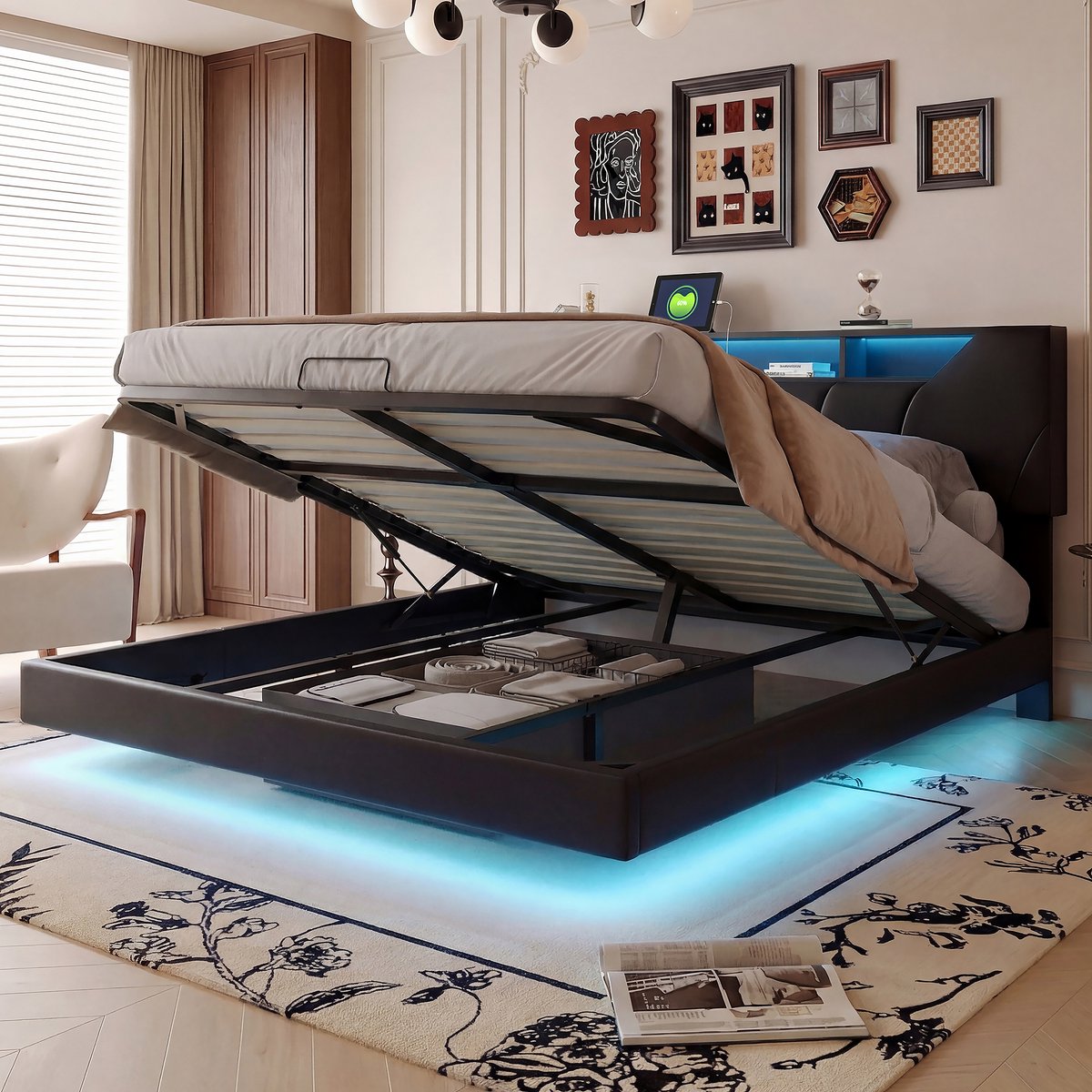 MEXUS Opbergbed 140x200 cm met ledverlichting - Tweepersoonsbed met USB-oplaadpoorten en modern PU-hoofdbord - Bed met grote hydraulische opbergruimte - Zwart