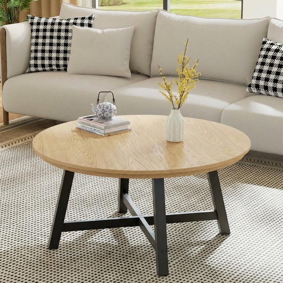 Salontafel Rond - 91x91x47cm - Grote - Metalen Poten - 4cm Tafelblad - Vintage Stijl - Voor Woonkamer - Houtkleur