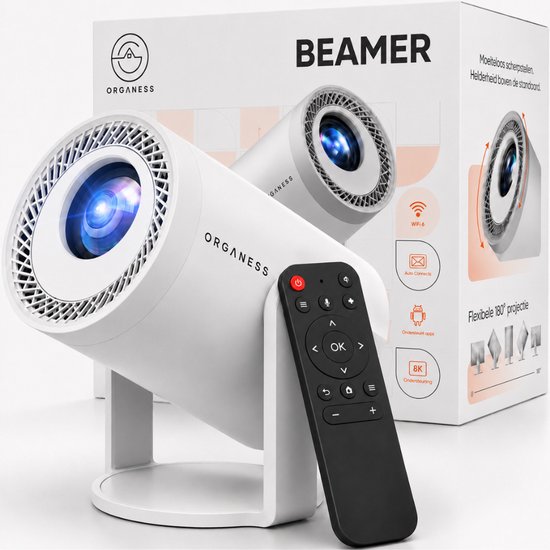 Organess Beamer - Home Cinéma - Projecteur - Android 14.0 - WiFi 6 & Bluetooth 5.4 - Support 8k - Écran de projecteur - Blanc