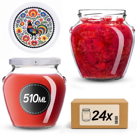 Collage avec un pot de confiture, un bocal de 510 ml au contenu rouge, un couvercle avec un coq et motif floral, et une boîte de 24 bocaux.