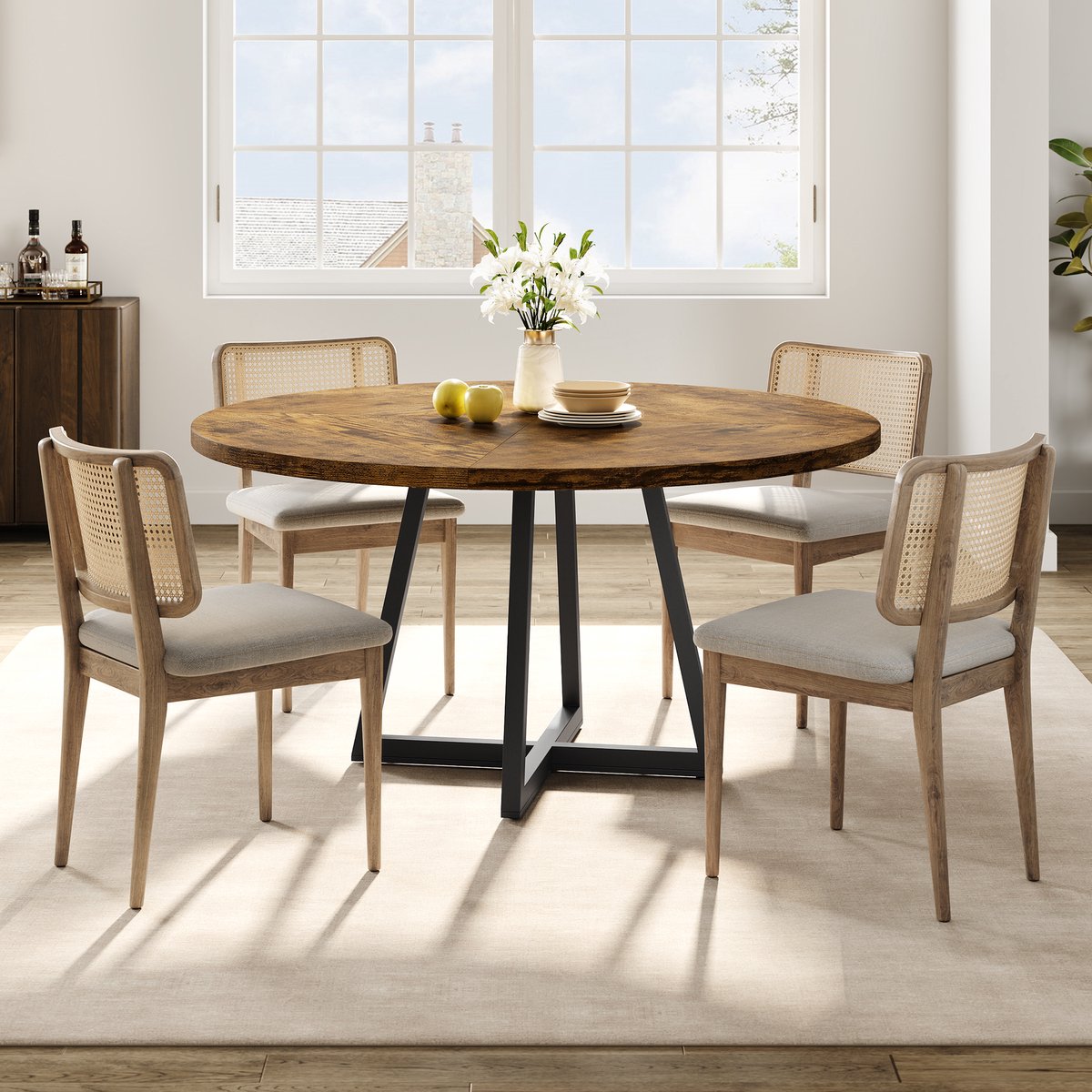 Ronde Eettafel met Stevig Metalen Onderstel - 120x120x75cm - Industrieel Rustiek Tafelblad - Ruimtebesparend - voor 4-6 Personen - Voor Woonkamer Eetkamer Appartement - Bruin